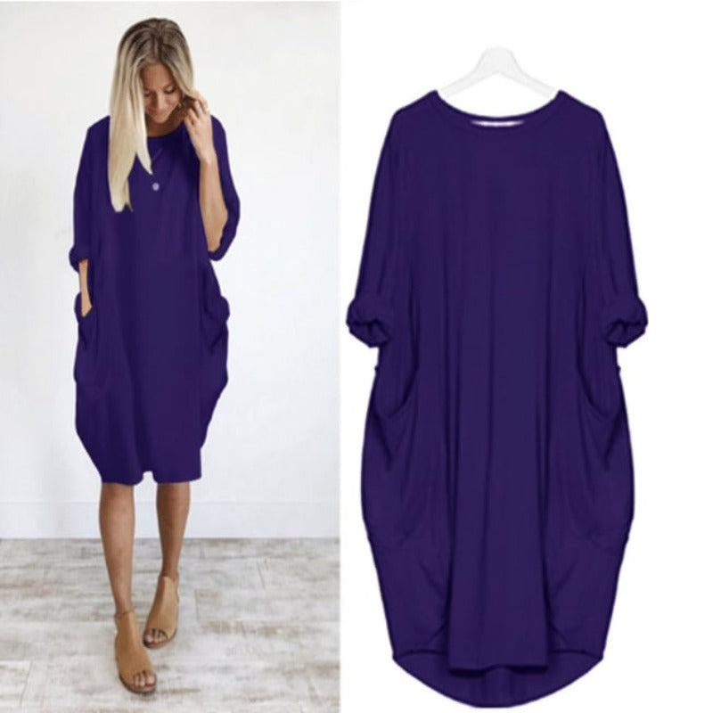 Robe midi femme – Coupe large – Tissu respirant – Col rond – Poches latérales
