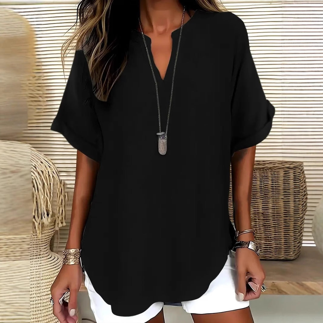 Blouse femme – Coupe décontractée – Manches courtes – Col en V – Fibres naturelles