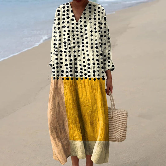 Robe midi femme – Coupe ample – Fibres naturelles – Manches longues – Col en V – Imprimé géométrique