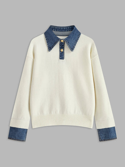 Pull femme – Coupe décontractée – Maille douce – Col chemise et poignets en jean