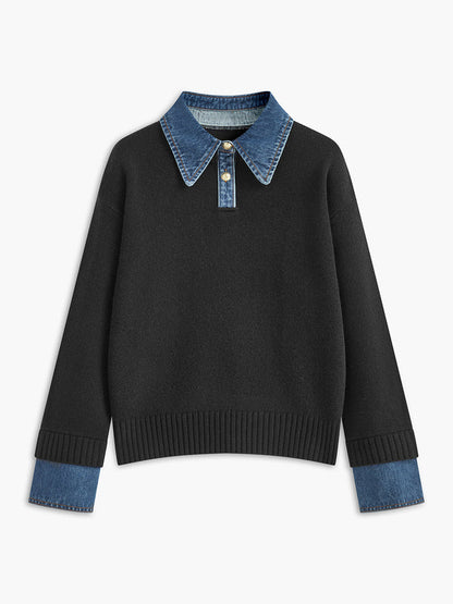 Pull femme – Coupe décontractée – Maille douce – Col chemise et poignets en jean