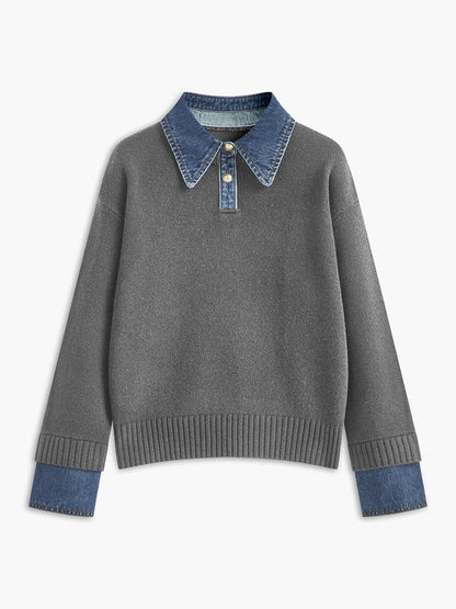 Pull femme – Coupe décontractée – Maille douce – Col chemise et poignets en jean