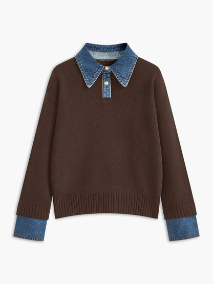 Pull femme – Coupe décontractée – Maille douce – Col chemise et poignets en jean