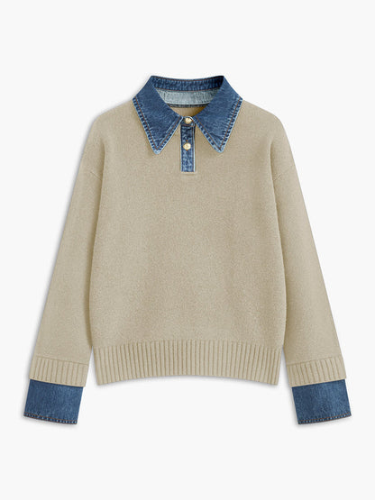 Pull femme – Coupe décontractée – Maille douce – Col chemise et poignets en jean