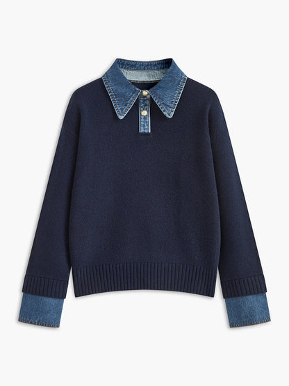 Pull femme – Coupe décontractée – Maille douce – Col chemise et poignets en jean