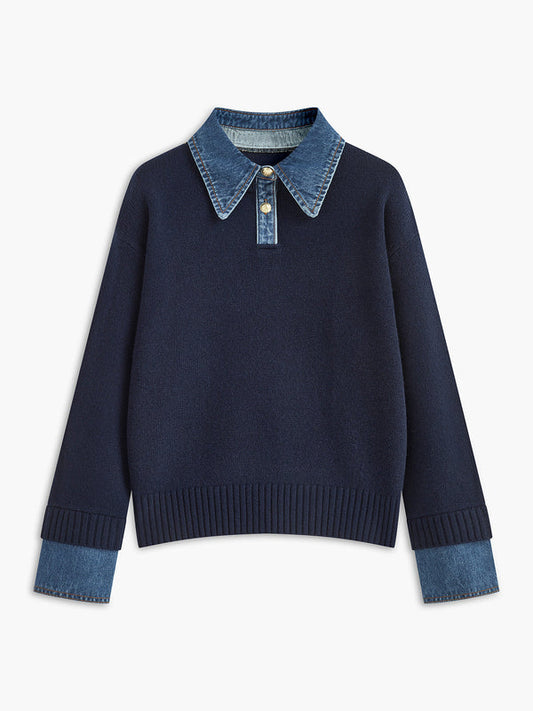 Pull femme – Coupe décontractée – Maille douce – Col chemise et poignets en jean