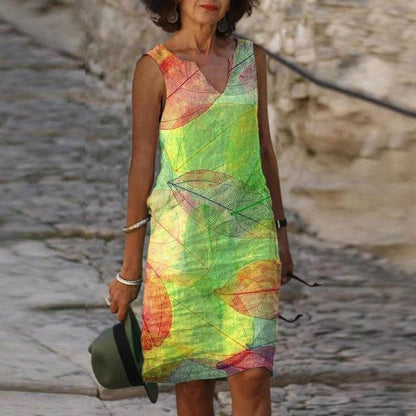 Robe femme – Coupe ample – Décolleté en V – Sans manches – Imprimé feuillage