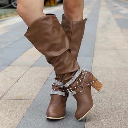 Bottes Hautes Femme - Cuir Élégant - Talon Bloc Confort - Détails Cloutés Mode