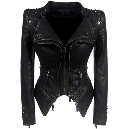 Veste biker femme – Coupe slim – Effet cuir – Épaules cloutées – Détails zippés