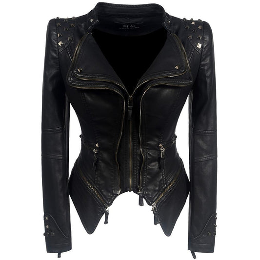 Veste biker femme – Coupe slim – Effet cuir – Épaules cloutées – Détails zippés