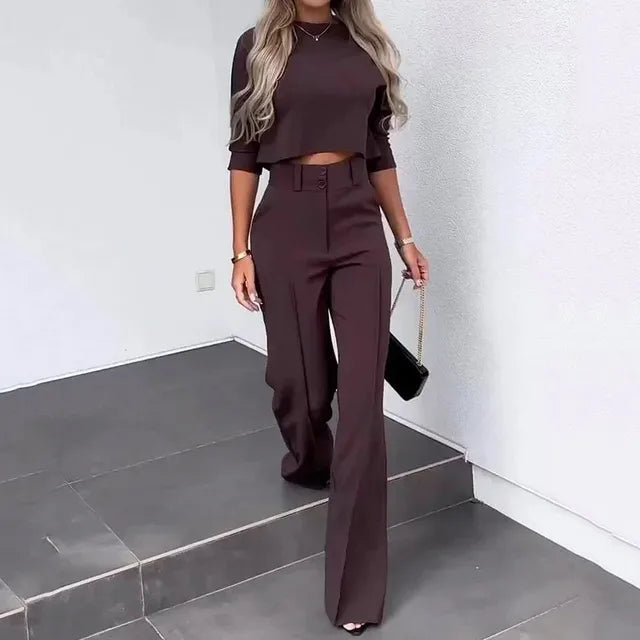 Ensemble Femme Deux Pièces – Crop Top Manches Longues – Pantalon Taille Haute Ajusté