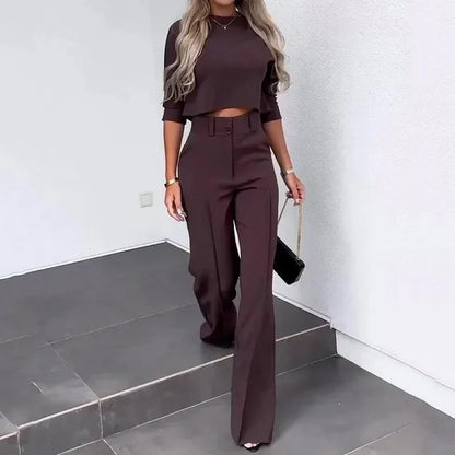 Ensemble Femme Deux Pièces – Crop Top Manches Longues – Pantalon Taille Haute Ajusté