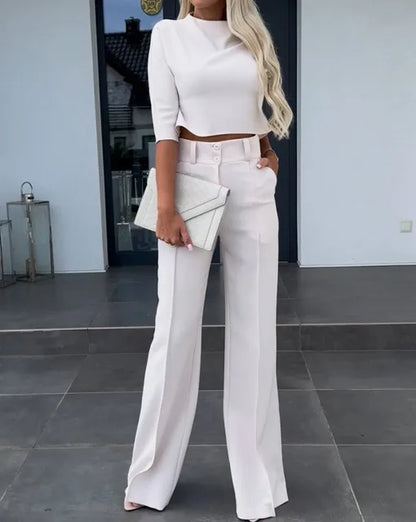 Ensemble Femme Deux Pièces – Crop Top Manches Longues – Pantalon Taille Haute Ajusté