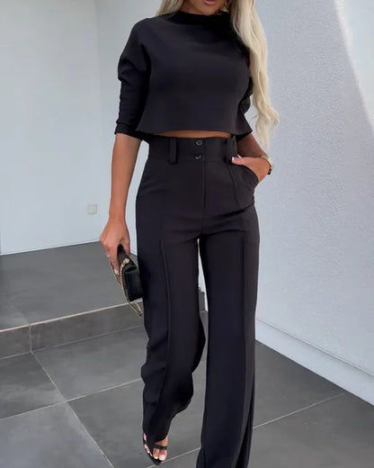 Ensemble Femme Deux Pièces – Crop Top Manches Longues – Pantalon Taille Haute Ajusté