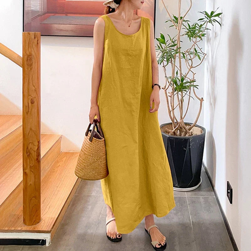 Robe Longue Sans Manches Femme - Col Rond - Coupe Ample et Fluide