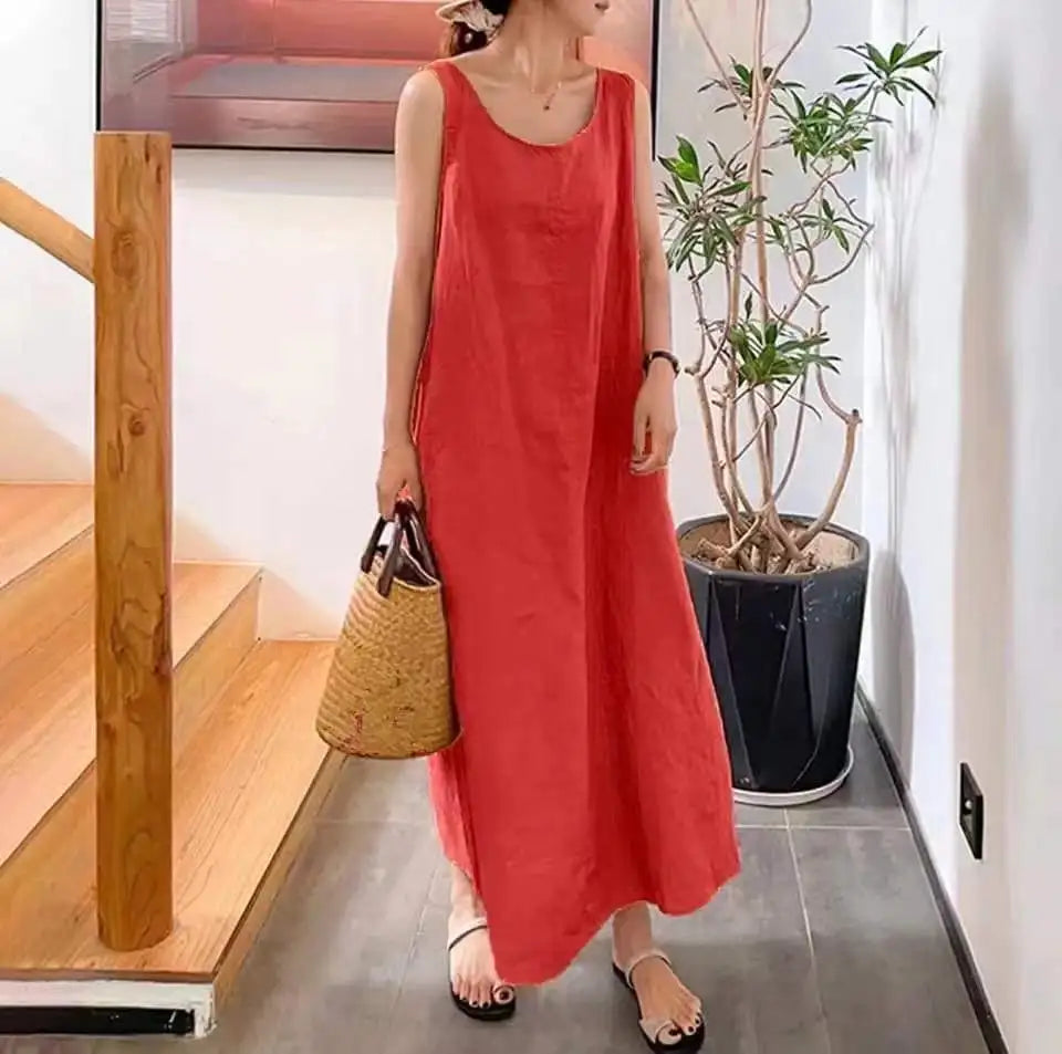 Robe Longue Sans Manches Femme - Col Rond - Coupe Ample et Fluide