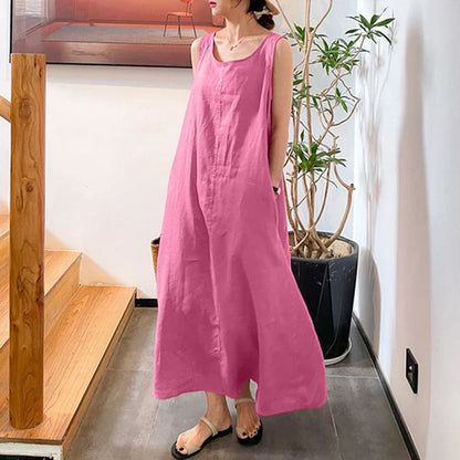 Robe Longue Sans Manches Femme - Col Rond - Coupe Ample et Fluide