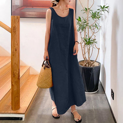 Robe Longue Sans Manches Femme - Col Rond - Coupe Ample et Fluide