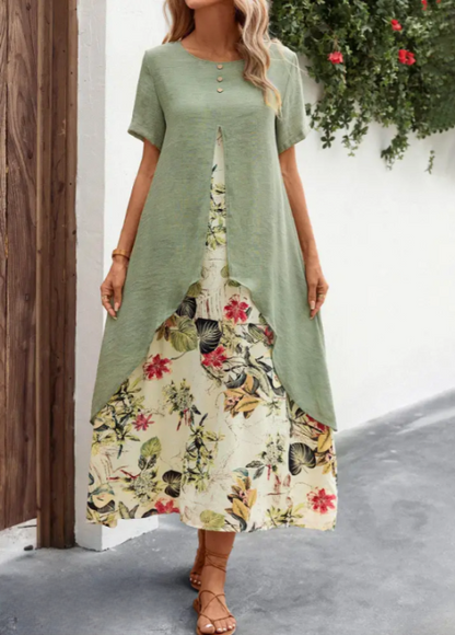 Robe Longue Femme - Coupe Asymétrique - Superposition Élégante - Détail Boutonné