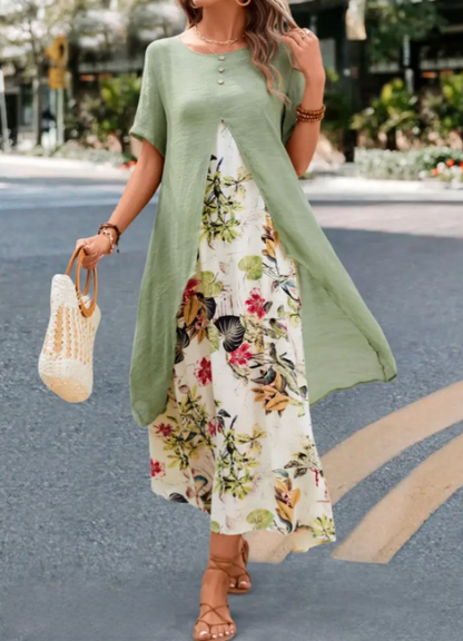 Robe Longue Femme - Coupe Asymétrique - Superposition Élégante - Détail Boutonné