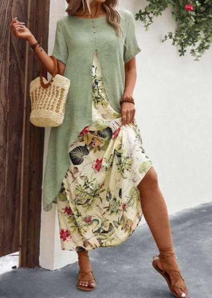 Robe Longue Femme - Coupe Asymétrique - Superposition Élégante - Détail Boutonné