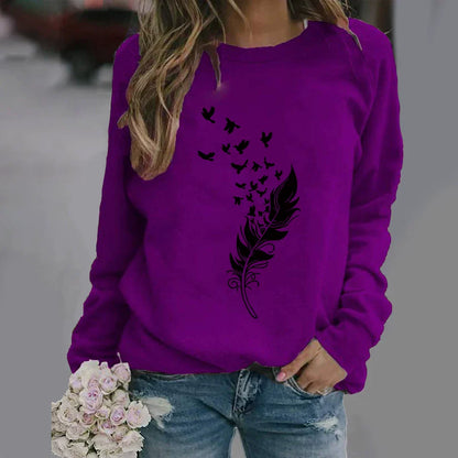 Sweat-shirt femme – Coupe ample – Coton doux – Col rond – Imprimé plume stylisé