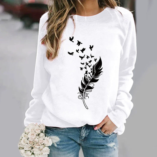 Sweat-shirt femme – Coupe ample – Coton doux – Col rond – Imprimé plume stylisé