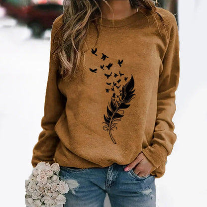 Sweat-shirt femme – Coupe ample – Coton doux – Col rond – Imprimé plume stylisé