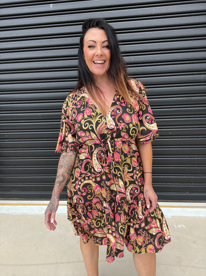 Robe Femme - Imprimé Fleuri - Coupe Évasée - Col V - Manches Courtes Volantes
