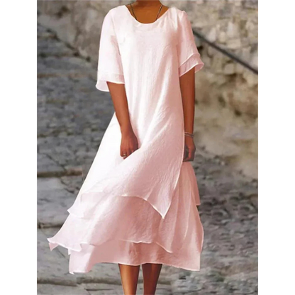 Robe midi femme – Coupe évasée fluide – Manches coudes – Tissu fibres naturelles