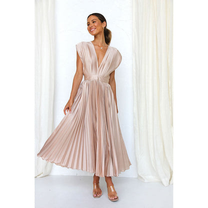 Robe Midi Femme - Sans Manches - Décolleté V - Plissée Élégante - Taille Cintrée