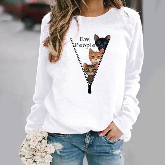 Sweatshirt femme col rond – Coupe décontractée – Motif chat humoristique – Tissu doux