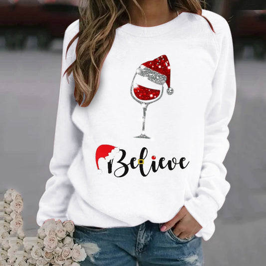 Sweatshirt femme – Coupe décontractée – Coton doux – Col rond – Manches longues imprimé festif