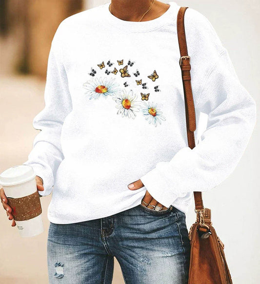 Sweat-shirt femme – Coupe décontractée – Coton doux – Motif fleurs et papillons