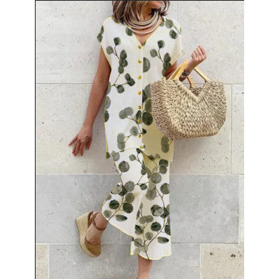 Robe Longue Femme - Fluide et Légère - Imprimé Botanique - Col V Boutonné - Manches Courtes