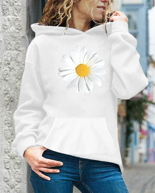 Sweat à capuche femme – Coupe décontractée – Polaire douce – Imprimé marguerite