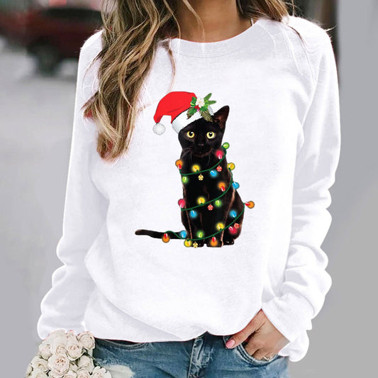 Sweat à capuche femme – Coton doux – Coupe décontractée – Manches longues – Motif chat Noël