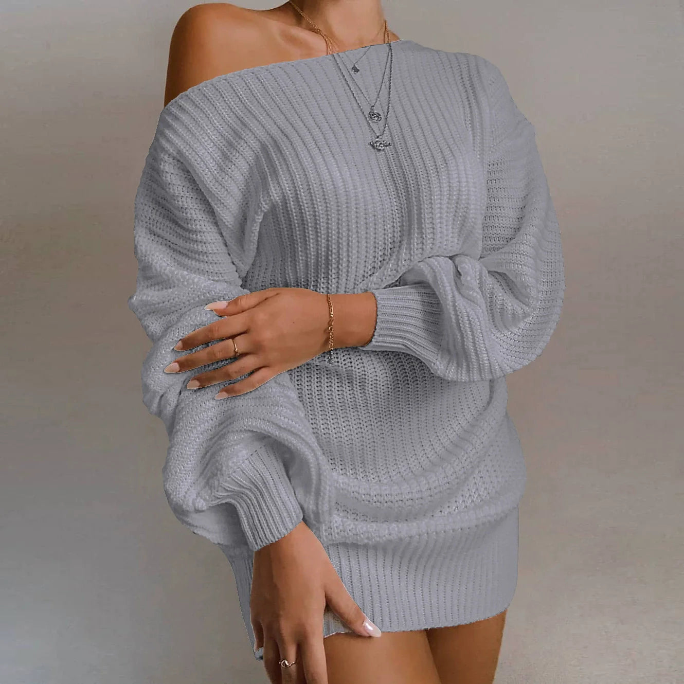 Robe Pull Femme – Laine Tricotée – Épaules Dénudées – Manches Bouffantes – Coupe Ample