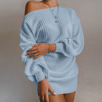 Robe Pull Femme – Laine Tricotée – Épaules Dénudées – Manches Bouffantes – Coupe Ample