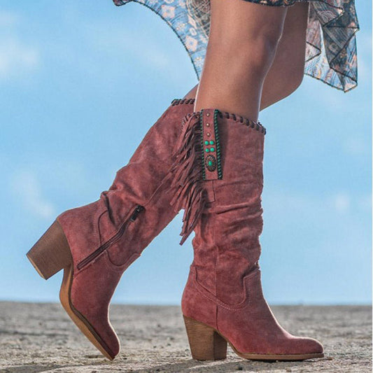 Bottes femme hauteur genou – Suédine – Franges – Style western – Talon bloc