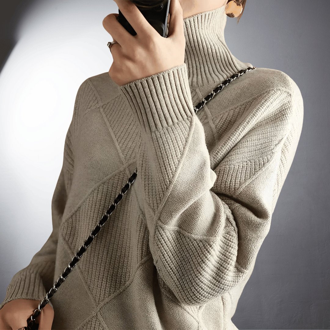 Femme Pull - Maille Texturée - Col Montant - Manches Longues Ajustées