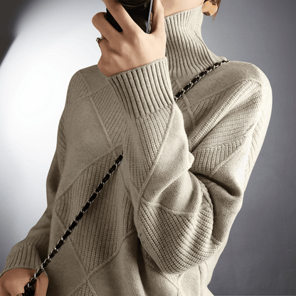 Femme Pull - Maille Texturée - Col Montant - Manches Longues Ajustées