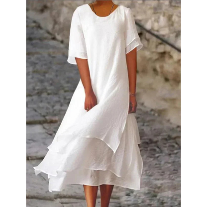 Robe midi femme – Coupe évasée fluide – Manches coudes – Tissu fibres naturelles