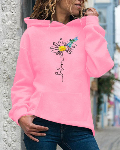 Sweat à Capuche Femme – Coupe Décontractée – Coton Doux – Motif Tournesol – Manches Longues
