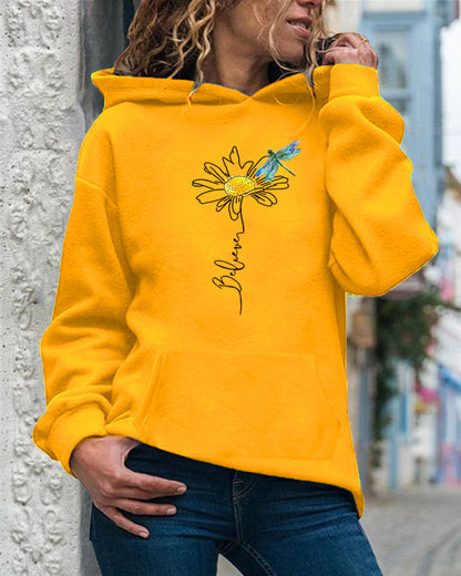 Sweat à Capuche Femme – Coupe Décontractée – Coton Doux – Motif Tournesol – Manches Longues
