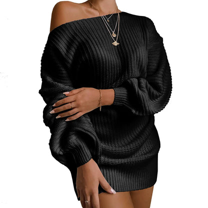 Robe Pull Femme – Laine Tricotée – Épaules Dénudées – Manches Bouffantes – Coupe Ample