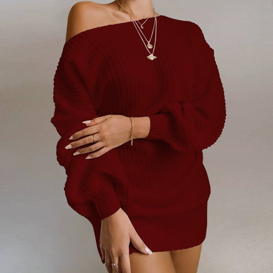 Robe Pull Femme – Laine Tricotée – Épaules Dénudées – Manches Bouffantes – Coupe Ample