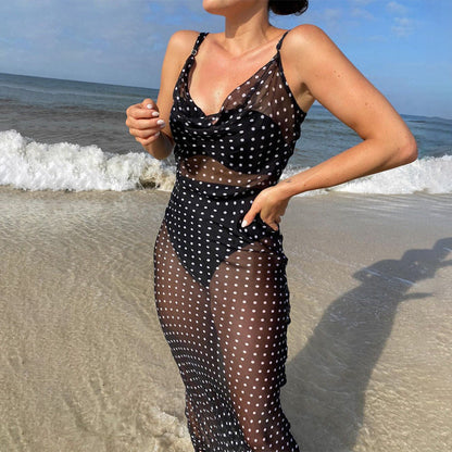 Robe nuisette femme – Coupe slim – Tulle transparent – Bretelles fines – Longue – Motif à pois