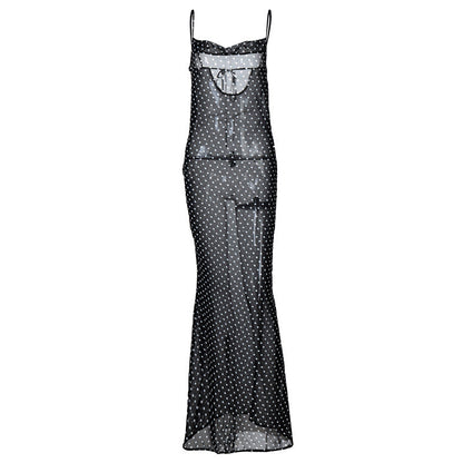Robe nuisette femme – Coupe slim – Tulle transparent – Bretelles fines – Longue – Motif à pois