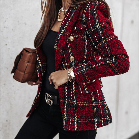 Veste de tailleur femme – Coupe cintrée – Tweed – Carreaux – Double boutonnage